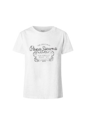 Witte katoenen T-shirt met een grijze grafische print en de tekst "The Original Pepe Jeans Portobello Road W.11." Korte mouwen, ronde hals.