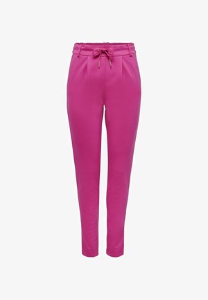 Fuksia juoksuhousut, joissa on kiristysvyö, poimu etuosassa, kapenevat lahkeet ja sileä tekstuuri. Sisältää metallikoristeita kiristysnyörissä.