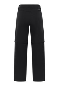 Zwarte, loszittende broek met een gladde textuur en verstelbare boorden. Voorzien van een achterzak en merknaam bij de tailleband.