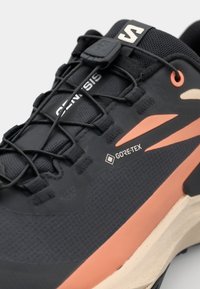 Svart trening sko med Gore-Tex-merke, har svart mesh-overdel, snøresystem og en korallfarget aksent langs siden. Flat, teksturert såle.