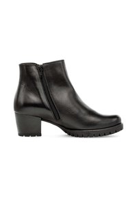 Bottines en cuir noir avec fermeture éclair sur le côté, talon carré et semelle crantée, présentées en profil sur fond blanc.