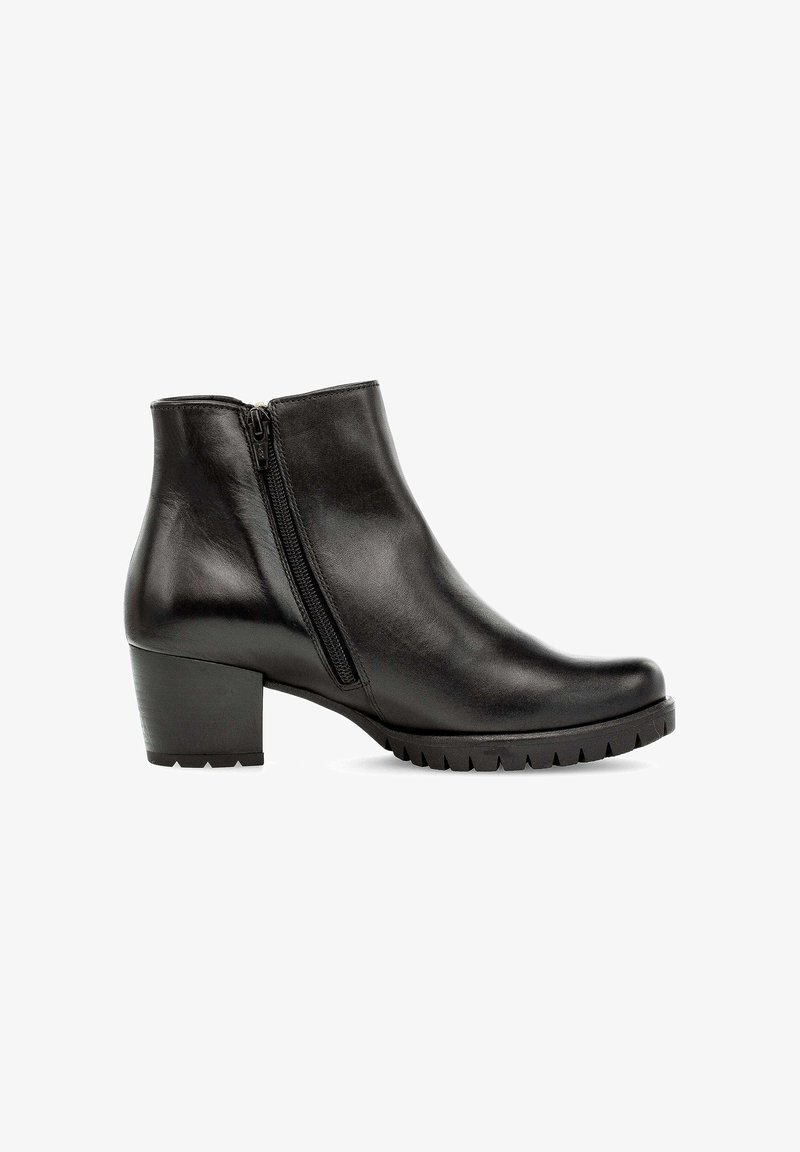 Bottines en cuir noir avec fermeture éclair sur le côté, talon carré et semelle crantée, présentées en profil sur fond blanc.