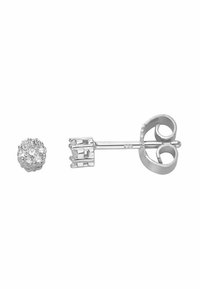 Silber Ohrringstecker mit rundem Blumendesign und mehreren klaren Edelsteinen. Mit einem gebogenen Stift und einem Schmetterlingsverschluss für sicheren Halt.