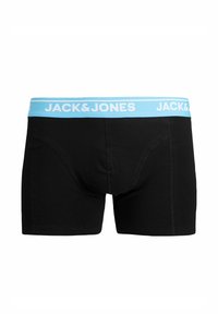 Sorte bokser-shorts til mænd med en lyseblå elastisk linning, der har "JACK & JONES"-logo i hvidt. Glat stof, tætsiddende design.