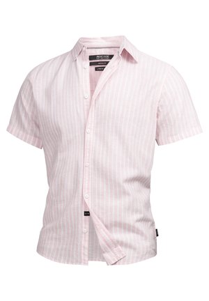 Rövid ujjú, világos rózsaszín ing, fehér függőleges csíkokkal, lenből készült, gombos gallérral és elöl gombos záródással.