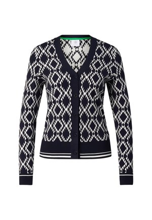 Granatowy i biały kardigan w geometryczne wzory z długimi rękawami, dekoltem w serek, zapięciem na guziki oraz paskiem i mankietami w paski.