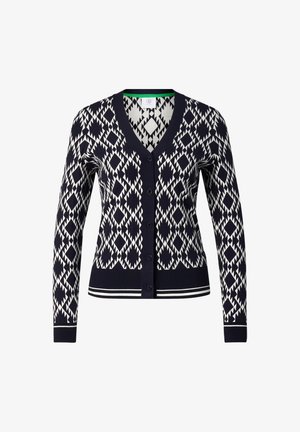 Granatowy i biały kardigan w geometryczne wzory z długimi rękawami, dekoltem w serek, zapięciem na guziki oraz paskiem i mankietami w paski.