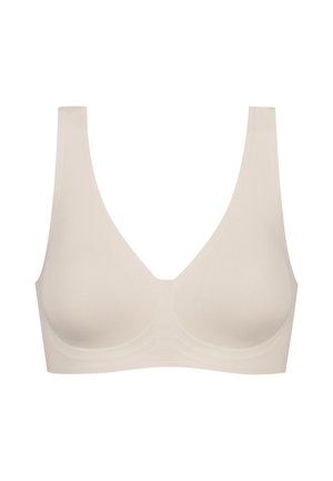 Reggiseno wireless in beige chiaro con spalline larghe, tessuto morbido e scollatura a V profonda. Presenta un design senza cuciture con dettagli di cucitura sottili.