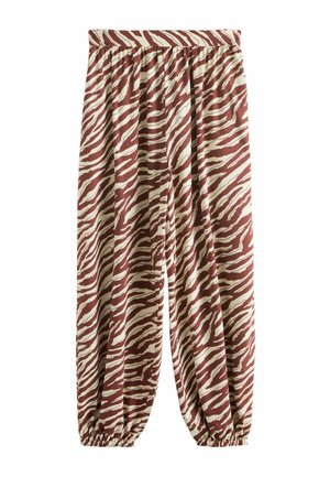Locker sitzende Hose mit elastischem Bund und Bündchen, mit einem braunen und beigen Zebramuster.