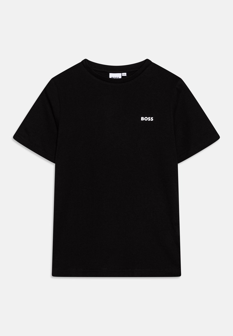 Zwarte katoenen t-shirt met korte mouwen en een ronde hals. Voorzien van een klein wit "BOSS" logo op de borst. Eenvoudig en klassiek ontwerp.