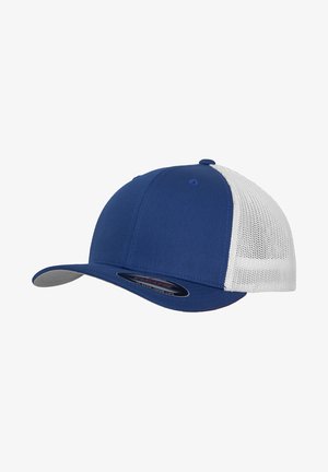 Casquette de baseball bleue avec un devant en tissu solide et un dos en maille blanche. Elle possède une visière incurvée et un dessus plat et rond.