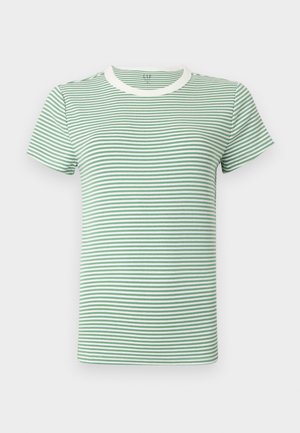 T-shirt à manches courtes avec col rond, fines rayures horizontales vertes et blanches et col blanc.