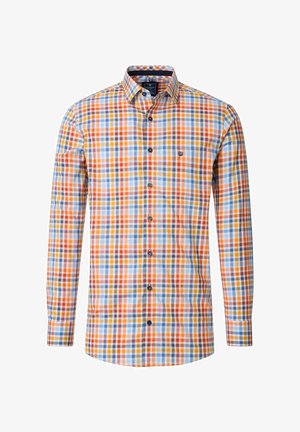 Knap-oppende langærmet skjorte i flerfarvet ternet mønster med orange, blå, gule og brune firkanter. Har krave og blå knapper.