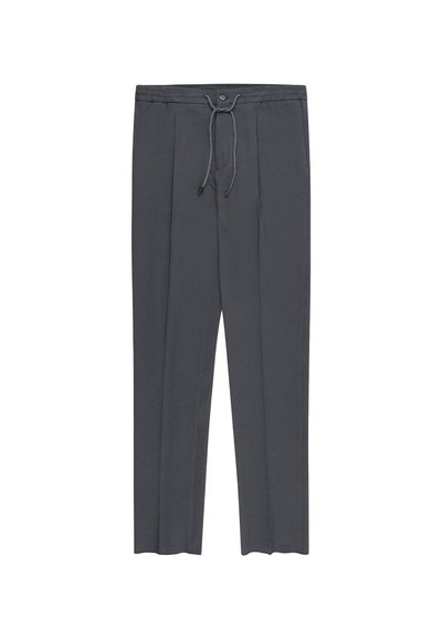 Gray trousers made of textured fabric, featuring an elastic waistband with a drawstring and a single button closure, straight-leg design.