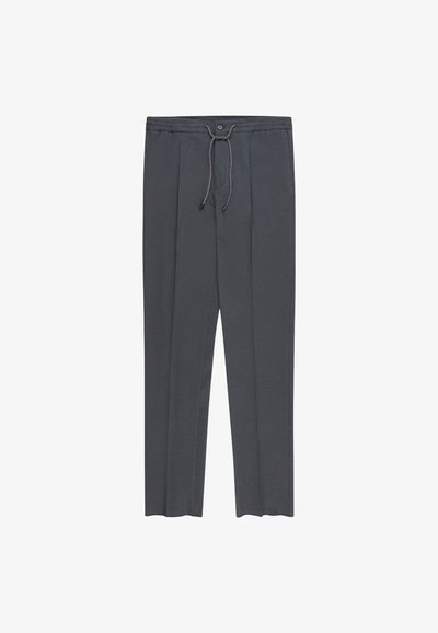 Gray trousers made of textured fabric, featuring an elastic waistband with a drawstring and a single button closure, straight-leg design.
