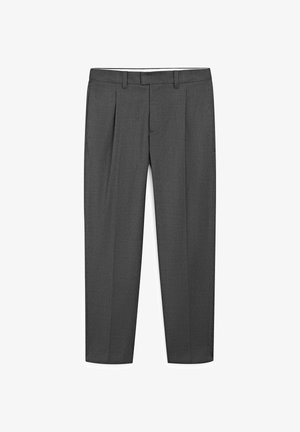 Mørkegrå skræddersyede bukser med bæltestropper og et diskret fine stribemønster, lagt fladt mod hvid baggrund.