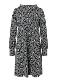 Langärmliges graues Kleid mit schwarzem und beigem Leopardenmuster sowie hohem Kragen, knielang und locker geschnitten.