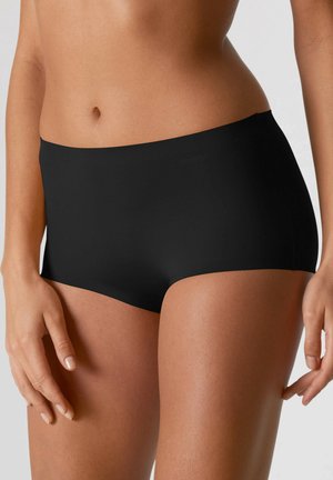 Schwarzes, glattes Stoff-Bikini mit hohem Beinausschnitt und mittelhohem Design. Verfügt über nahtlose Kanten für einen sauberen Abschluss und einen bequemen Sitz.