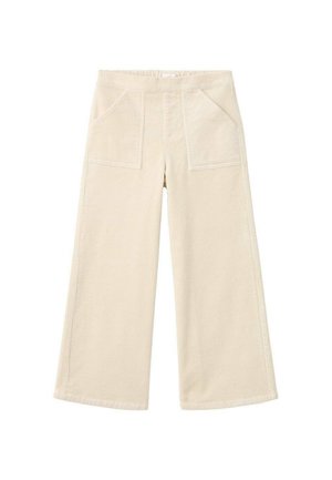 Pantalons beige à jambes larges en tissu côtelé. Comprend deux poches avant et un ourlet droit. La texture est douce et légèrement texturée.