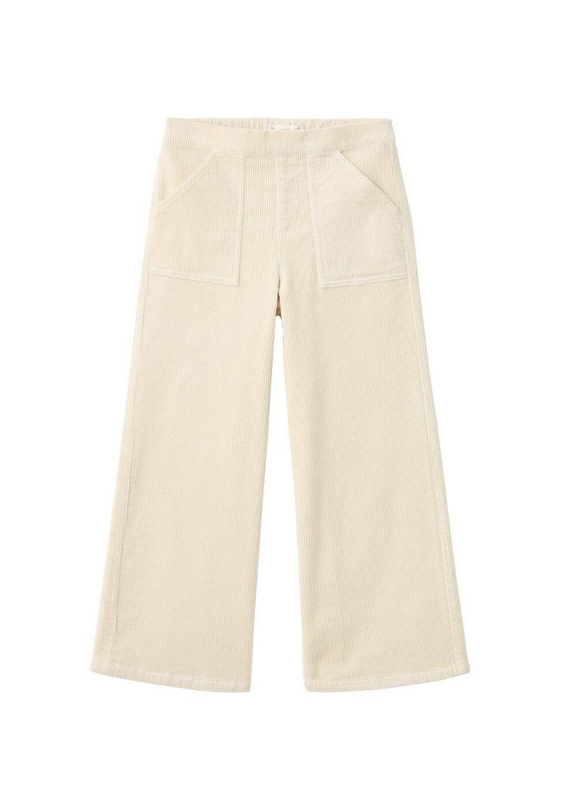 Pantalons beige à jambes larges en tissu côtelé. Comprend deux poches avant et un ourlet droit. La texture est douce et légèrement texturée.