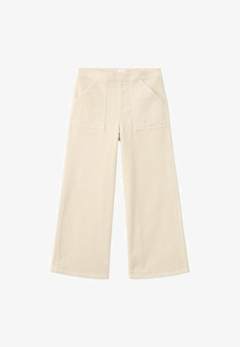 Beige weite Hose aus Rippstoff. Verfügt über zwei vordere Taschen und einen geraden Saum. Die Textur ist weich und leicht strukturiert.