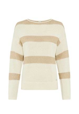 Maglione in maglia color crema con larghe strisce orizzontali beige su maniche, petto e spalle, con scollo rotondo e polsini e orlo a coste.