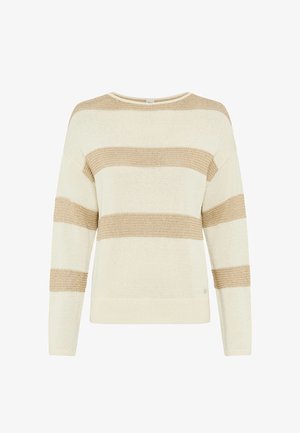 Maglione in maglia color crema con larghe strisce orizzontali beige su maniche, petto e spalle, con scollo rotondo e polsini e orlo a coste.