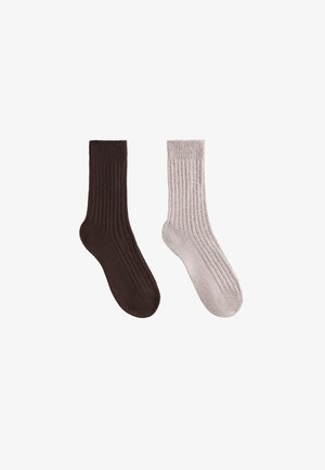 Brown and light gray ribbed socks with a soft texture; medium length, featuring a snug fit and solid colors without patterns.