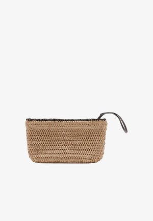 Panier rectangulaire tissé beige avec un bord supérieur noir et une petite poignée noire sur le côté droit.