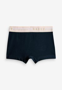 Tamnoplave gaće od mekog materijala s elastičnim pojasom svijetlo ružičaste boje na kojem je zlatnim slovima ispisano "BAKER by TED BAKER".