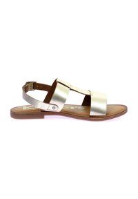 Sandal in oro metallico con due larghe cinghie e una cinghia posteriore, suola piatta marrone e cuciture lungo i bordi. Chiusura con fibbia per regolazione.