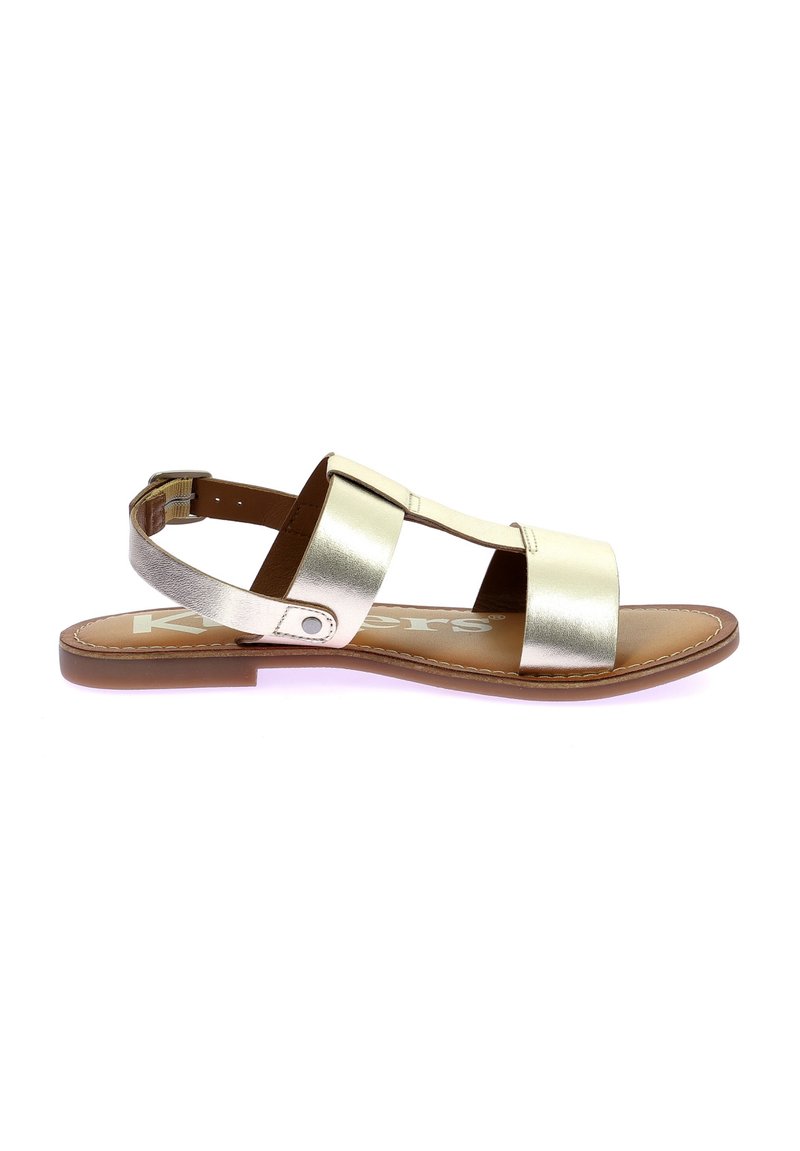 Sandal in oro metallico con due larghe cinghie e una cinghia posteriore, suola piatta marrone e cuciture lungo i bordi. Chiusura con fibbia per regolazione.