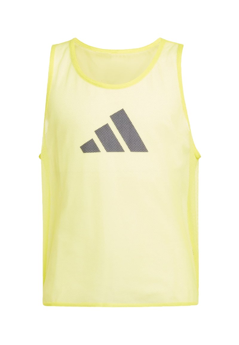 Gul net-ærmeløs sportstræningsbib med sort Adidas-logo centreret på brystet mod hvid baggrund.
