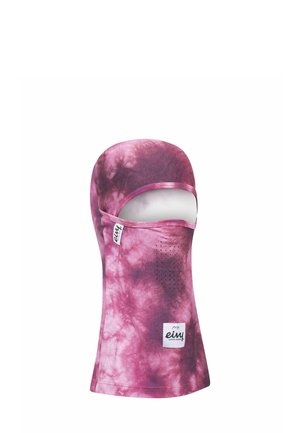 Balaclava van tie-dye roze stof, rekbaar ontwerp, volledige bedekking, met ademgaten en een logo-patch aan de voorkant.