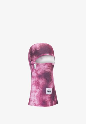 Balaclava in tie-dye pink fabric, stretchy design, full coverage, features breathing holes and a logo patch on the front.