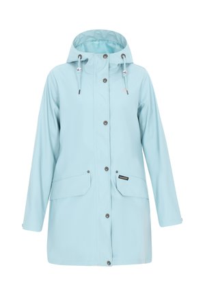 Šviesiai mėlynas vandeniui atsparus lietpaltis su kapišonu, mygtukų uždarymu, dviem priekinėmis kišenėmis ir raišteliais kapišono atvartui. Lygus paviršius.