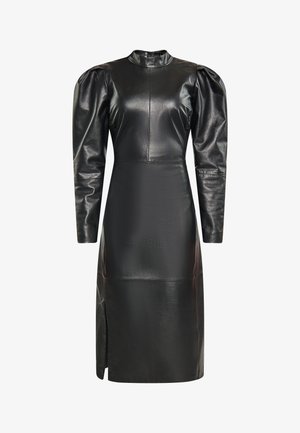 Mustmust värvi nahkkleit kõrge kaeluse, paisutatud varrukate ja sobiva siluetiga. Omab esist seam'i ja külglõhet. Sujuv tekstuur.