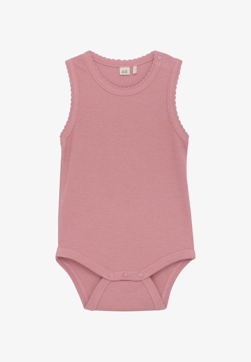 Rosa gerippter Body mit gewelltem Halsausschnitt und Armausschnitten, ausgestattet mit Druckknöpfen im Schritt für ein einfaches An- und Ausziehen, hergestellt aus weichem Stoff.