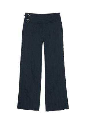 Pantalon bleu marine à jambes larges et taille haute avec deux sangles latérales à boucle pour ajustement.