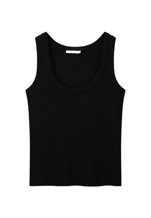 Débardeur noir en tissu lisse et extensible. Doté d'un col rond et de larges bretelles avec un design simple et sans couture.