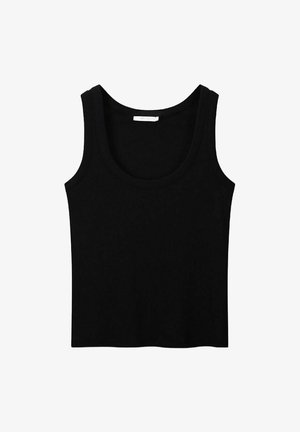 Débardeur noir en tissu lisse et extensible. Doté d'un col rond et de larges bretelles avec un design simple et sans couture.