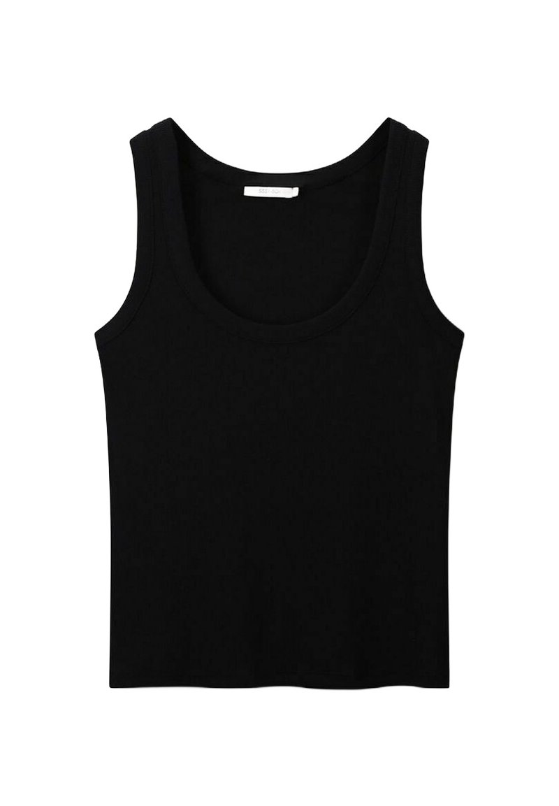 Zwarte tanktop gemaakt van een gladde, rekbare stof. Heeft een ronde halslijn en brede schouderbanden met een eenvoudig, naadloos ontwerp.
