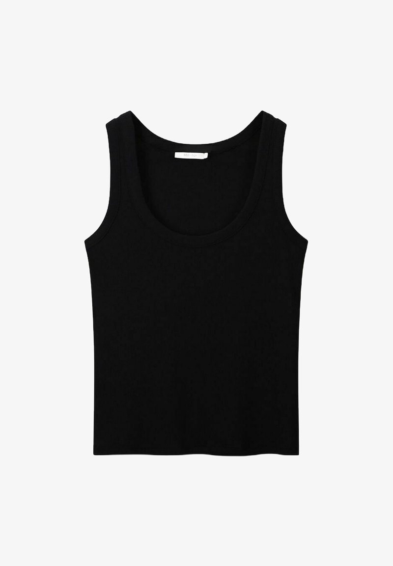 Zwarte tanktop gemaakt van een gladde, rekbare stof. Heeft een ronde halslijn en brede schouderbanden met een eenvoudig, naadloos ontwerp.