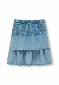 Jeanskjol med en resårmidja, ljusblå färg, lager av volanger och en mjuk textur, med en avslappnad, utställd design.