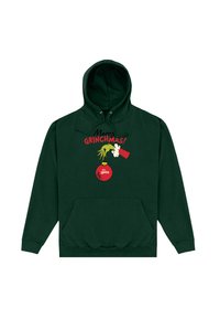 Felpa verde con cappuccio in cotone; presenta una tasca frontale. Il design include il testo "Merry GRINCHMAS!", il braccio del Grinch e una grafica di un ornamento rosso.