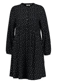 Robe noire à manches longues et décolleté ras du cou, avec des pois blancs, fermeture à boutons et taille froncée pour une silhouette ajustée.