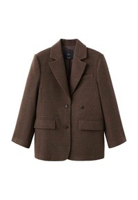 Blazer de cuadros marrón con un diseño estructurado, solapas de pico, dobles botones y dos bolsillos frontales. Textura suave con un ajuste a medida.
