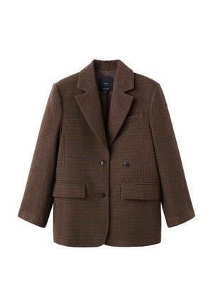 Blazer de cuadros marrón con un diseño estructurado, solapas de pico, dobles botones y dos bolsillos frontales. Textura suave con un ajuste a medida.
