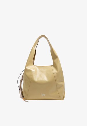 Beige leather handbag with soft structure, single handle, and "BIMBA Y LOLA" logo in silver letters on front center.