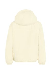 Giacca piumino color crema con cappuccio, polsini elasticizzati e vestibilità comoda. Tessuto liscio e lucido senza loghi o motivi visibili.